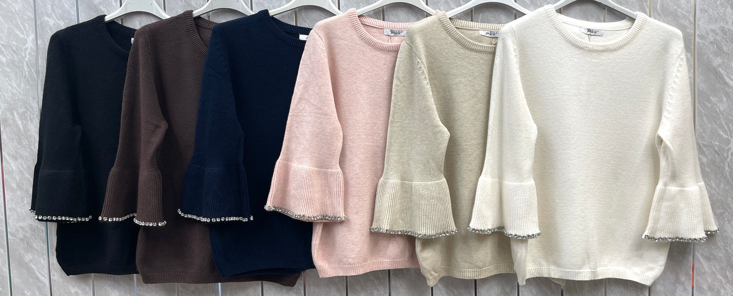 RIBBED NECK DIAMOND DETAIL SLEEVE JUMPER