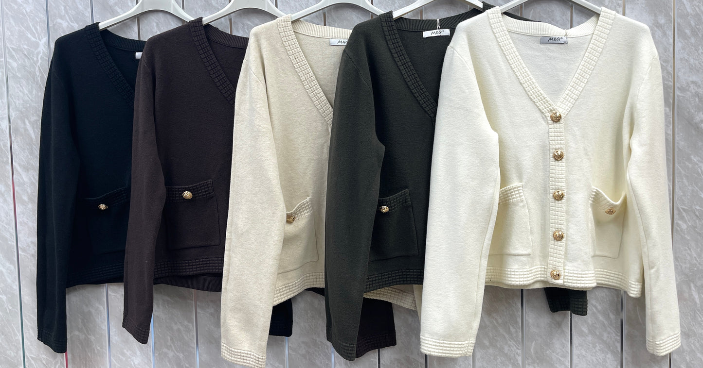BUTTONED RIBBED V-NECK CARDIGAN