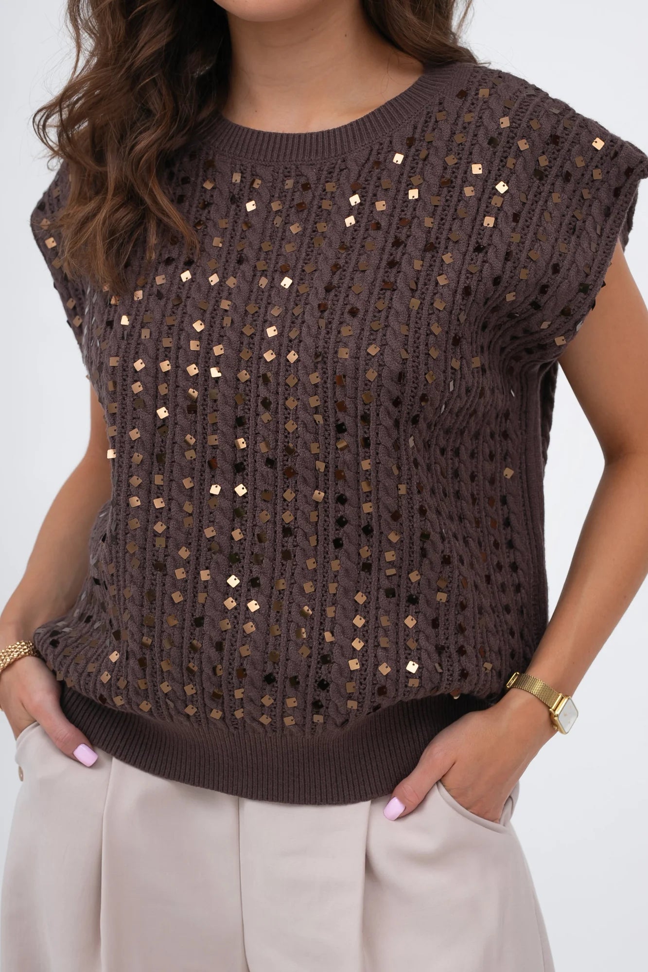 SEQUIN CABLE SLEEVELESS JUMPER