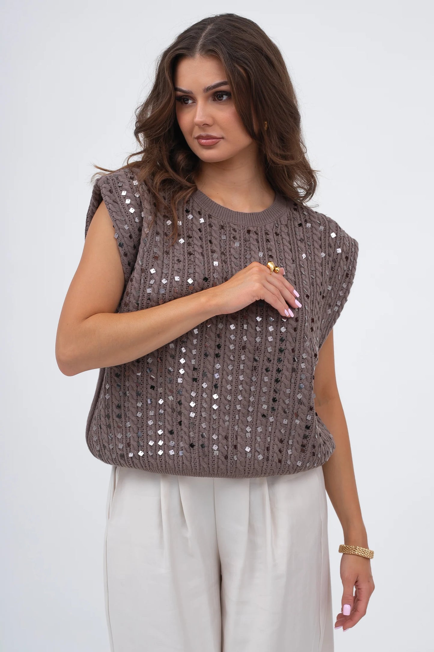 SEQUIN CABLE SLEEVELESS JUMPER