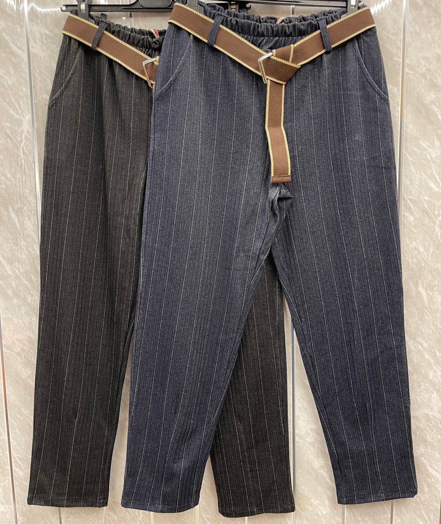 STRIPE BELTED ELASTICATED WAIST MAGIC TROUSERS