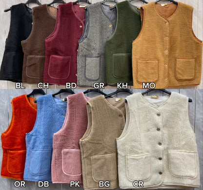 BUTTONED TEDDY FLEECE VEST WITH POCKETS