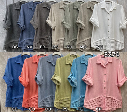 WASHED LINEN BUTTONED MESH SHIRT