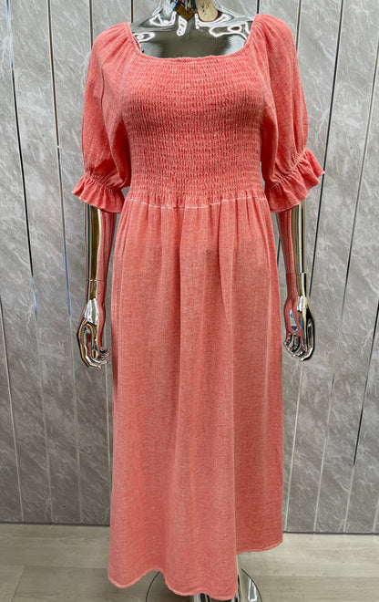 WASHED LINEN SHIRRED RUFFLE SLEEVE MAXI DRESS