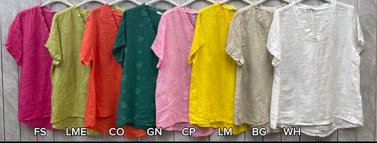 EMBOSSED CIRCLE FRILL NECK LINEN TOP