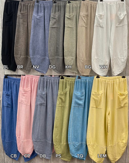 WASHED LINEN FRONT POCKET BARREL LEG TROUSER