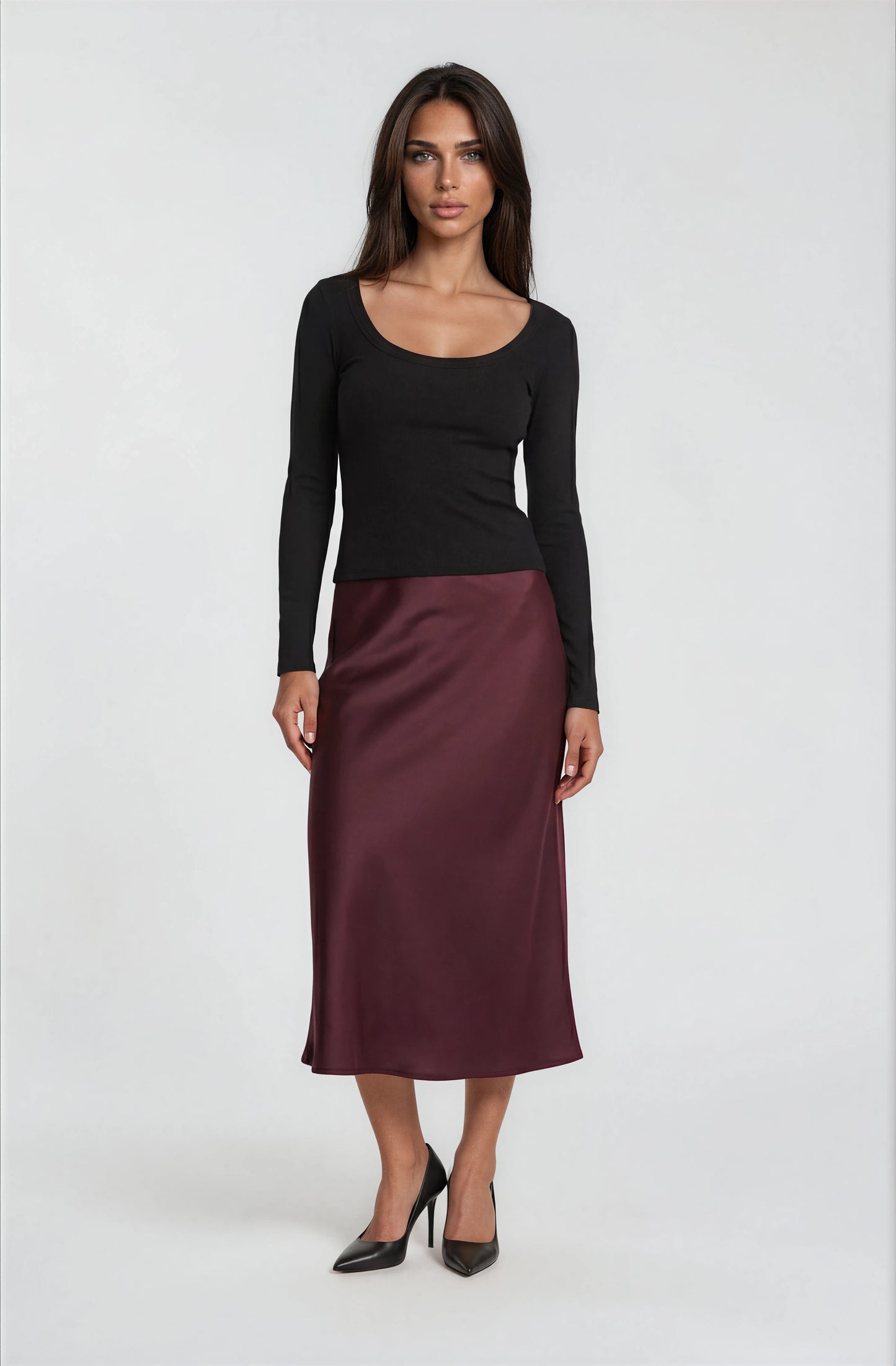 ELASTICATED WAIST PLAIN SATIN SKIRT [PK-2]