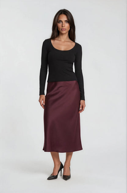ELASTICATED WAIST PLAIN SATIN SKIRT [PK-2]