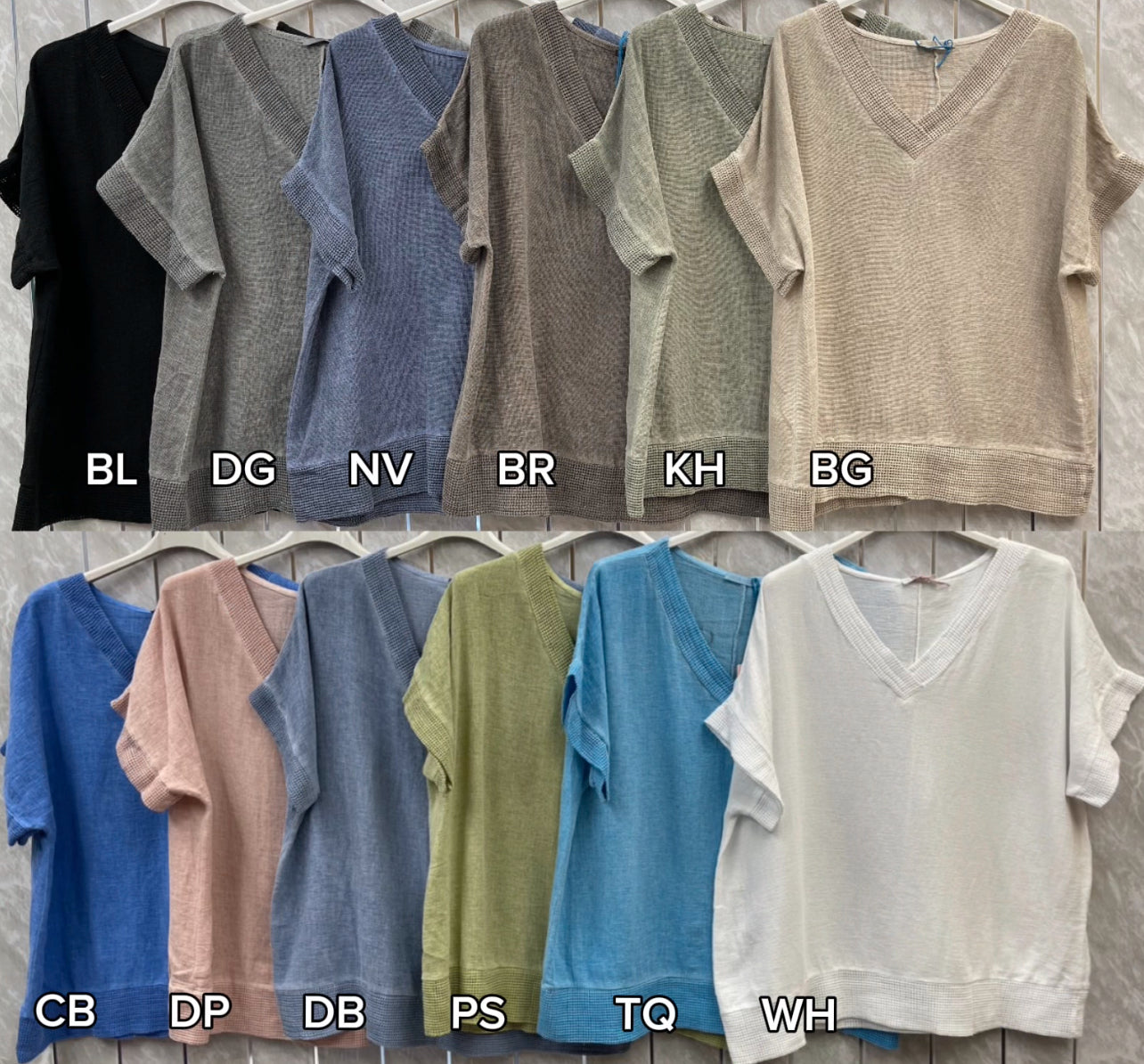 WASHED LINEN V-NECK MESH EDGED TOP