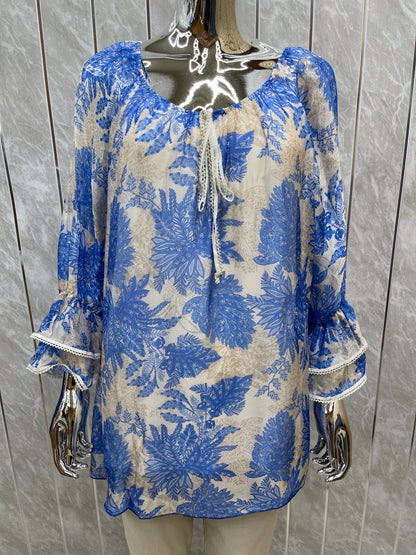 FLORAL PRINT DRAWSTRING FRILL SLEEVE SILK TOP