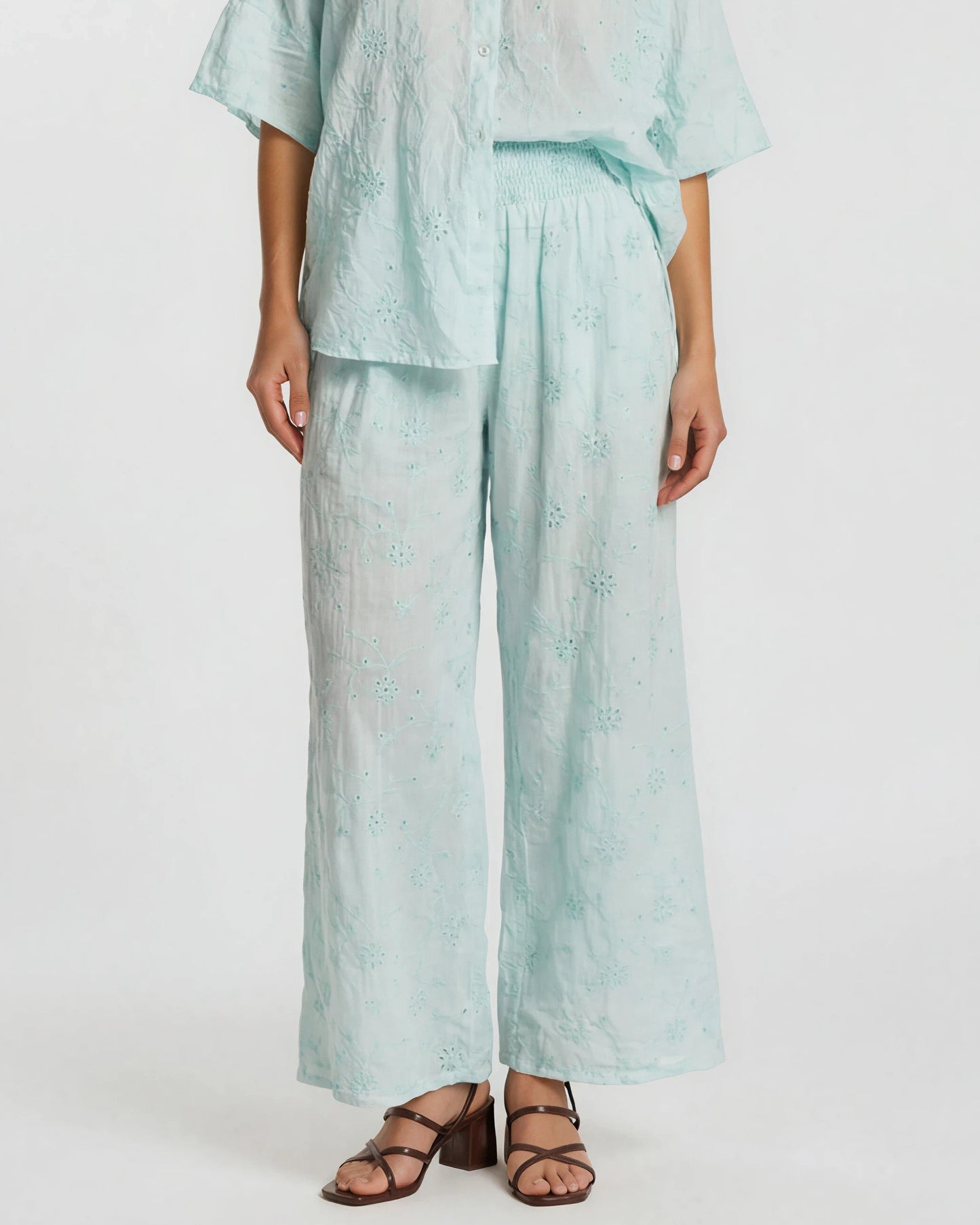 EMBROIDERED TENCEL COTTON BLEND HIGH WAIST WIDE LEG TROUSER