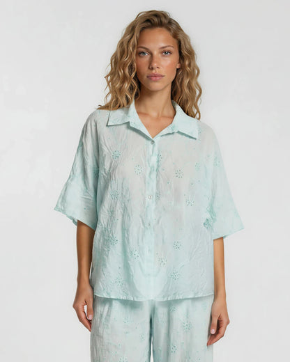 EMBROIDERED TENCEL COTTON BLEND HALF SLEEVE SHIRT