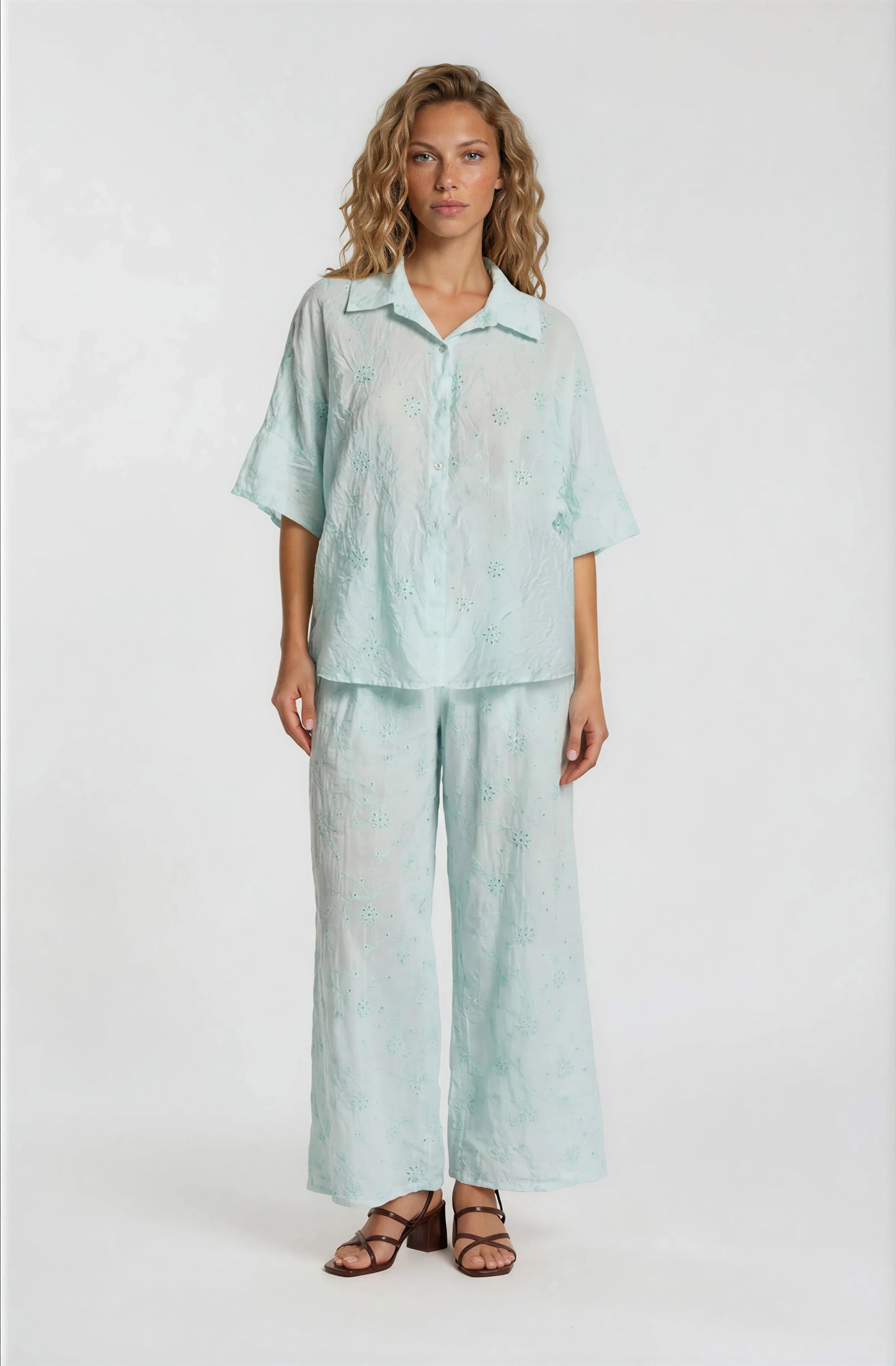 EMBROIDERED TENCEL COTTON BLEND HIGH WAIST WIDE LEG TROUSER