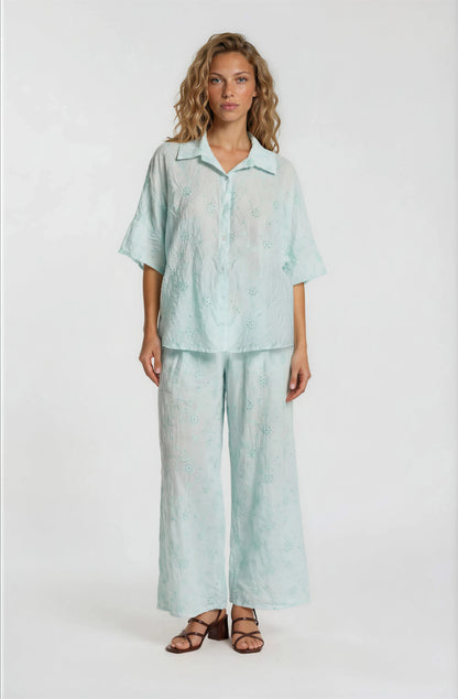 EMBROIDERED TENCEL COTTON BLEND HIGH WAIST WIDE LEG TROUSER