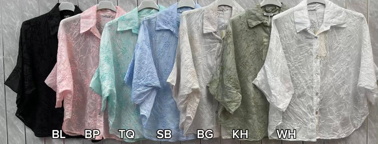 EMBROIDERED TENCEL COTTON BLEND HALF SLEEVE SHIRT