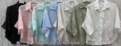 EMBROIDERED TENCEL COTTON BLEND HALF SLEEVE SHIRT