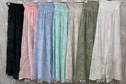 EMBROIDERED TENCEL COTTON BLEND HIGH WAIST WIDE LEG TROUSER