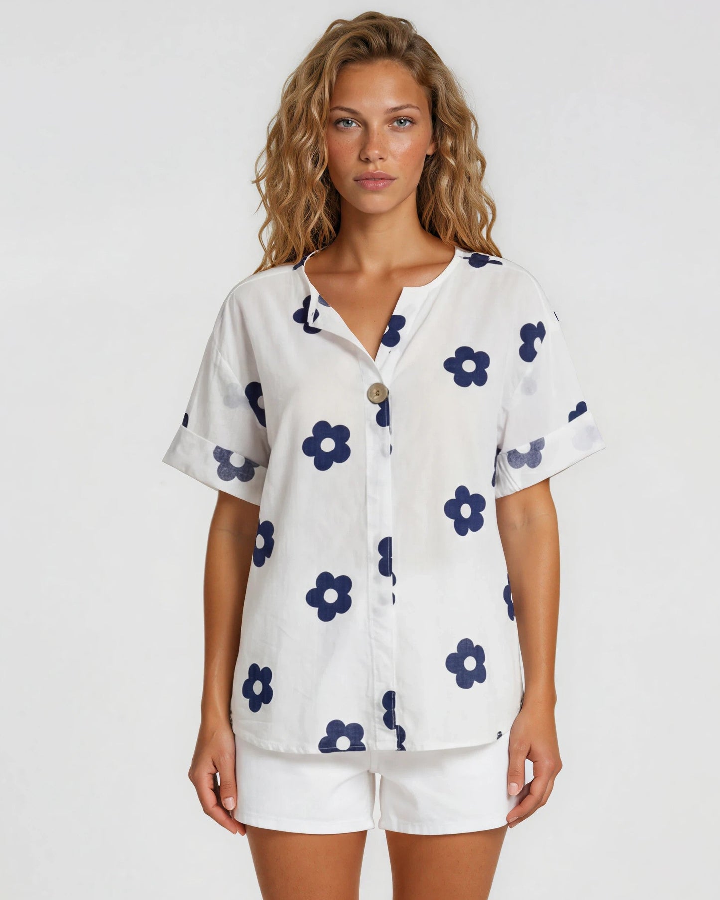 FLOWER PRINT ONE BUTTONED COTTON TOP