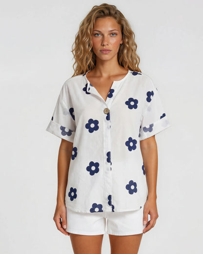 FLOWER PRINT ONE BUTTONED COTTON TOP