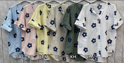 FLOWER PRINT ONE BUTTONED COTTON TOP