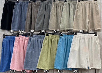 WASHED LINEN ELASTICATED WAIST TWO POCKETS SHORTS