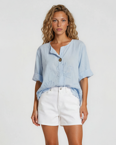 EMBOSSED FLORAL BUTTON COTTON TOP