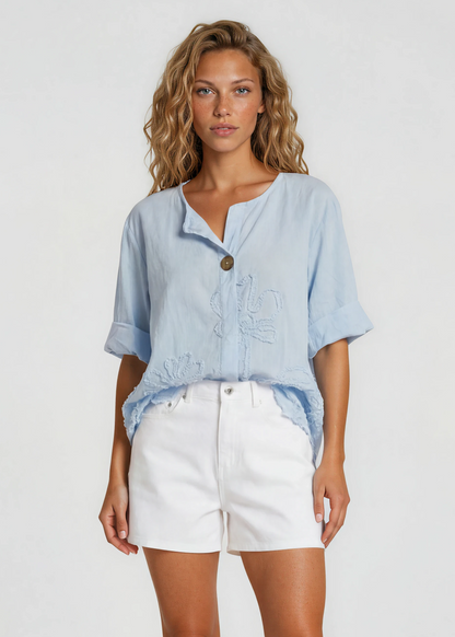EMBOSSED FLORAL BUTTON COTTON TOP
