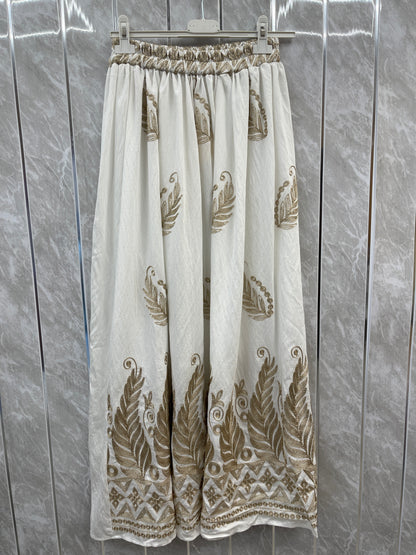 GOLD EMBROIDERED LEAF GEOMETRIC PRINT SKIRT