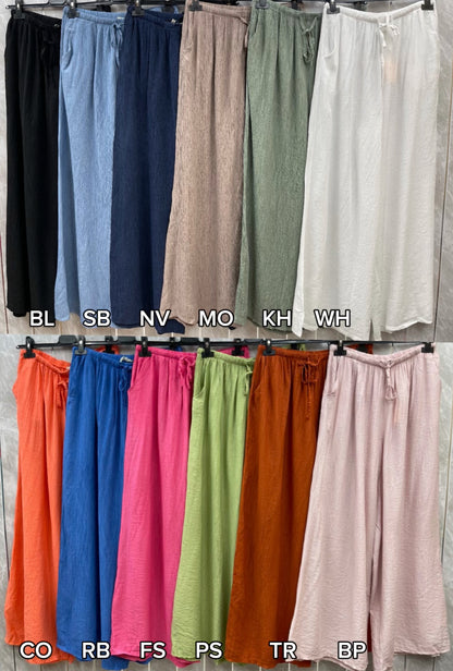 CRINKLE DRAWSTRING SIDE POCKET WIDE LEG TROUSERS