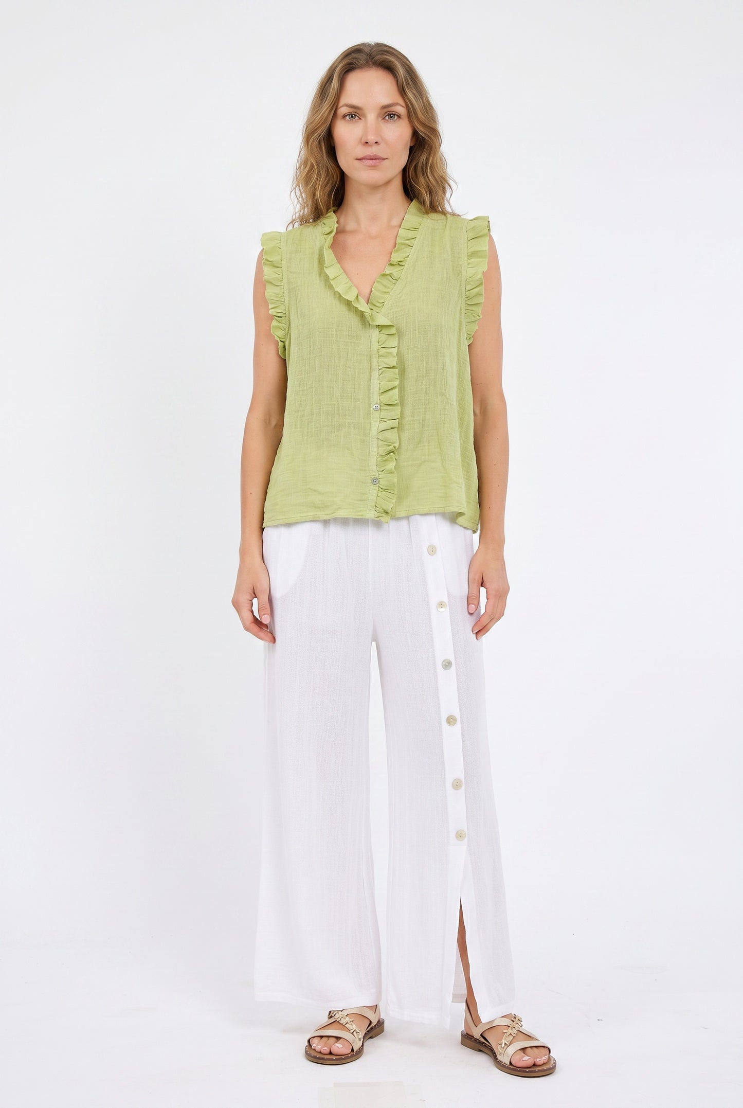 WASHED LINEN FRILL BUTTONED VEST