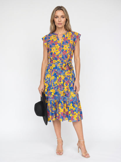 FLORAL CAP SLEEVE TIE WAIST MIDI DRESS [PK-8]