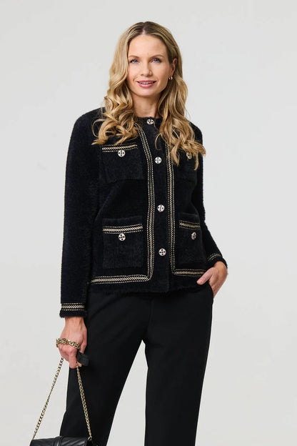 SOFT TEXTURE EMBROIDERED TRIM JACKET IN BLACK [8]