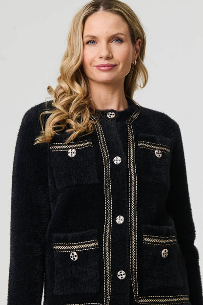 SOFT TEXTURE EMBROIDERED TRIM JACKET IN BLACK [8]