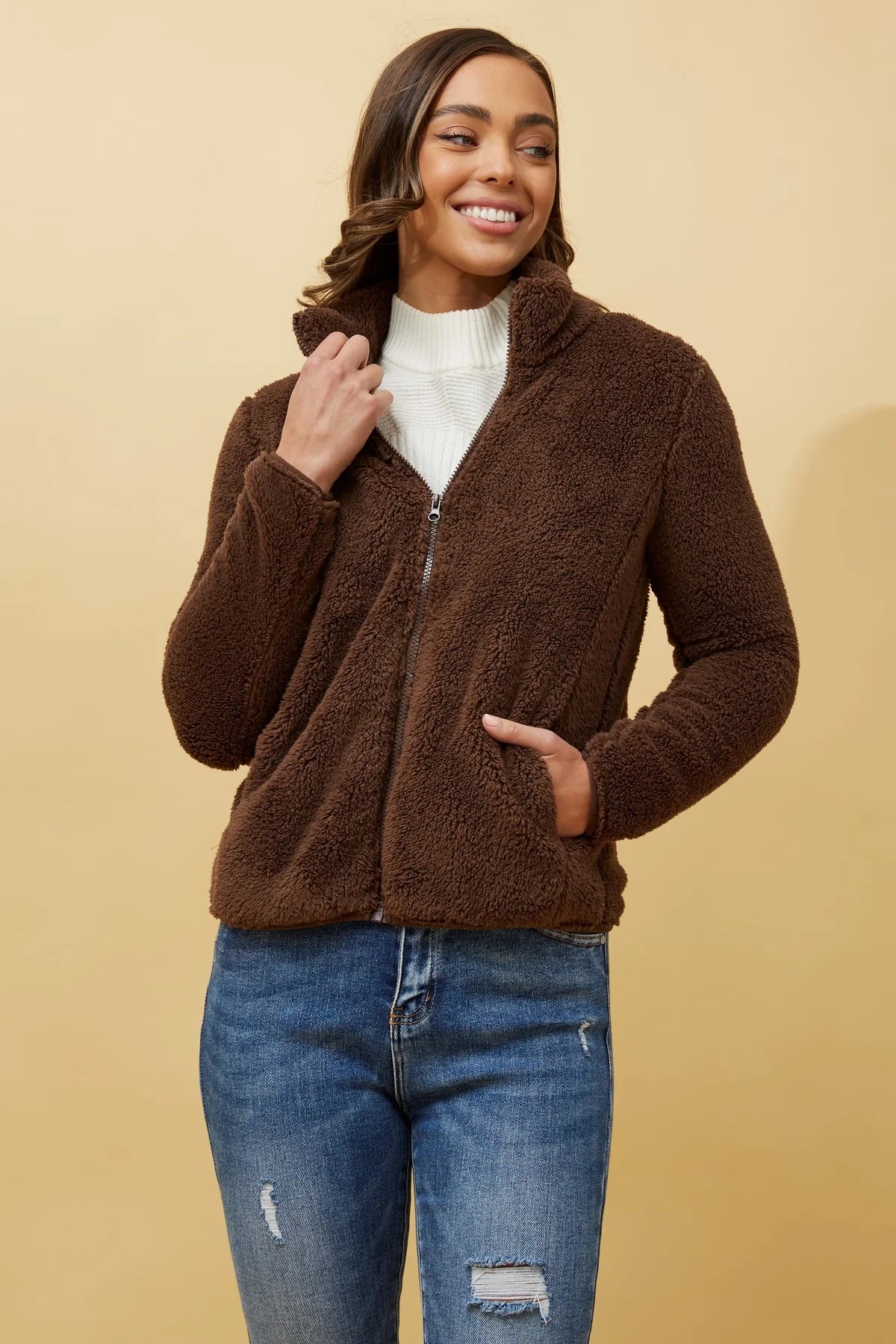 FAUX FUR HIGH NECK ZIP FRONT JACKET [8]