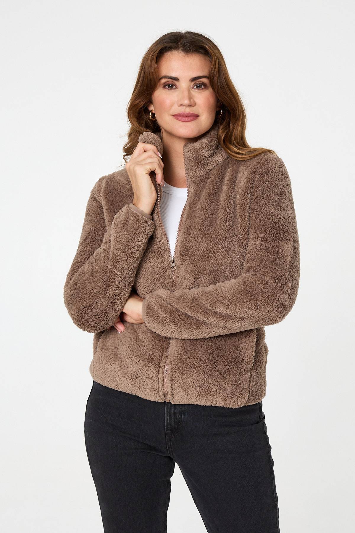 FAUX FUR HIGH NECK ZIP FRONT JACKET [8]
