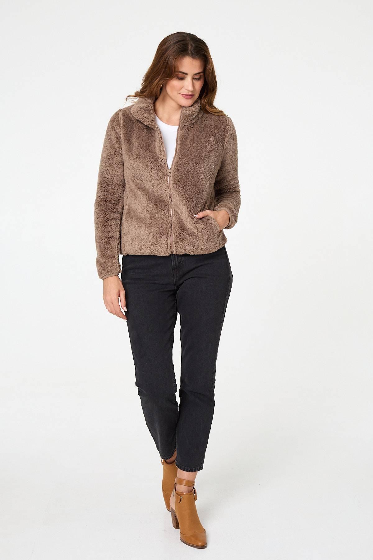 FAUX FUR HIGH NECK ZIP FRONT JACKET [8]