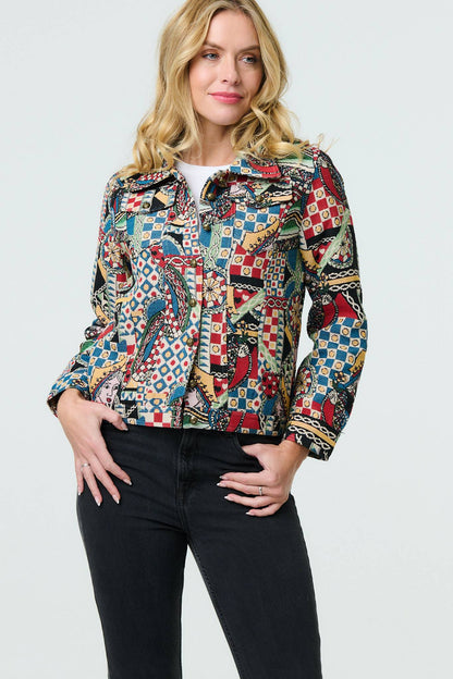 Abstract Long Sleeve Collared Jacket in MULTI RED [PK-8]