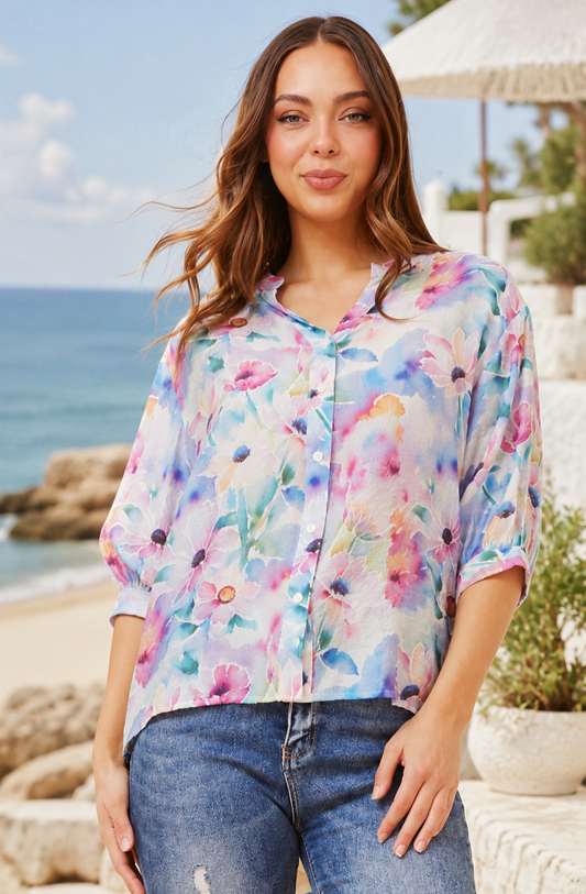 FLORAL CURVE HEM COLLARLESS BLOUSE [PK-8]