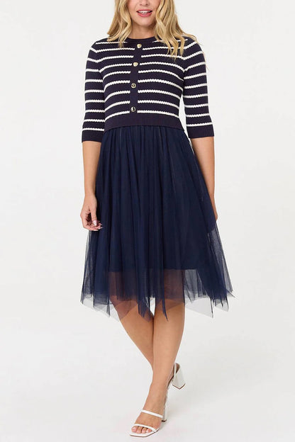 STRIPED MESH HANKY HEM MIDI JUMPER DRESS IN NAVY PK [8]