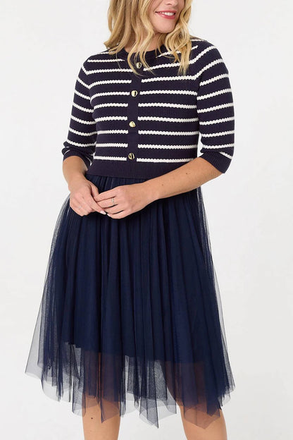 STRIPED MESH HANKY HEM MIDI JUMPER DRESS IN NAVY PK [8]