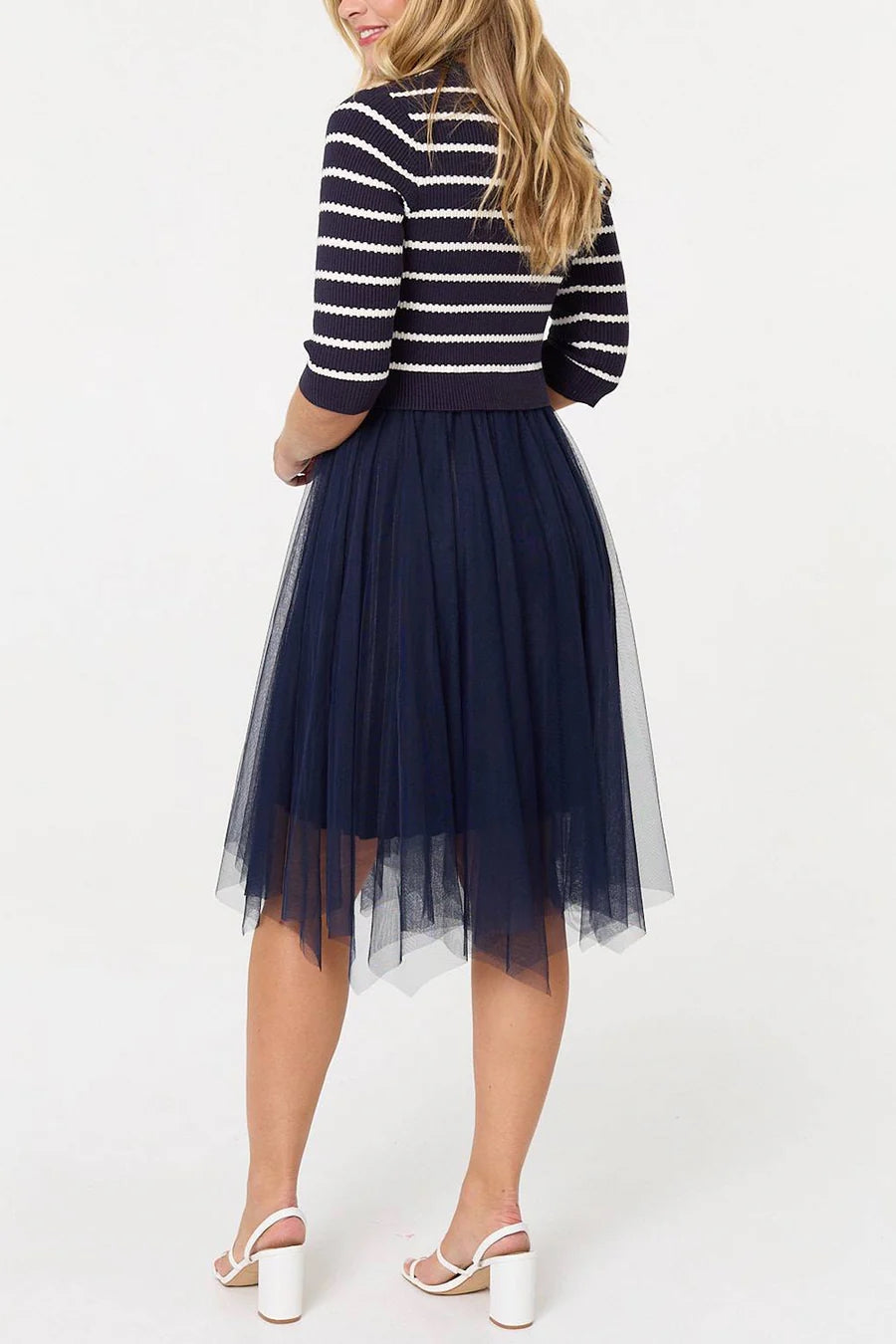 STRIPED MESH HANKY HEM MIDI JUMPER DRESS IN NAVY PK [8]
