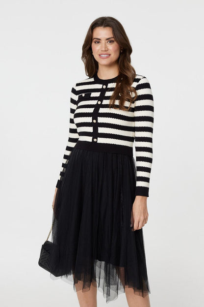 STRIPED KNIT TOP MESH MIDI DRESS PK [8]
