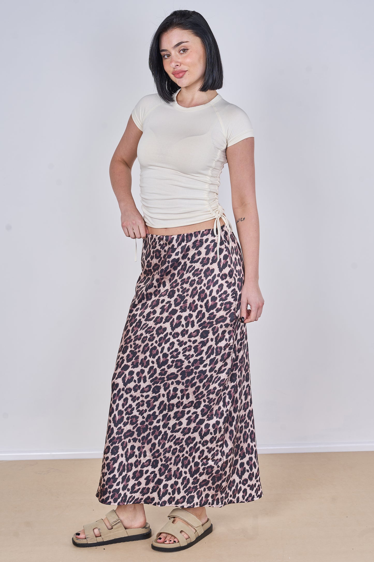 LEOPARD PRINT ELASTICATED WAIST SATIN SKIRT [PK-2]