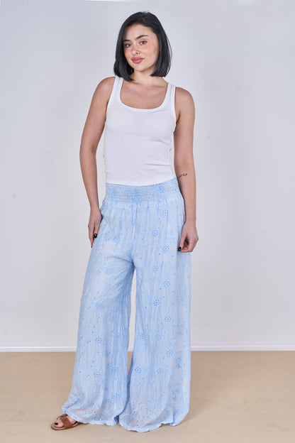 EMBROIDERED TENCEL COTTON BLEND HIGH WAIST WIDE LEG TROUSER