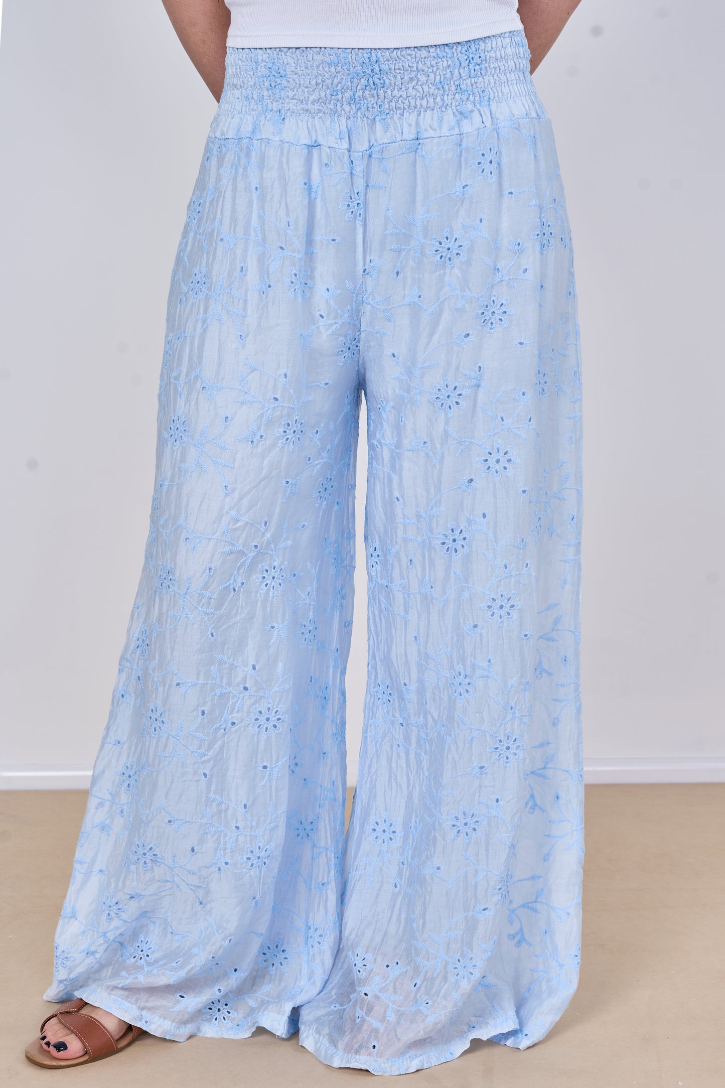EMBROIDERED TENCEL COTTON BLEND HIGH WAIST WIDE LEG TROUSER