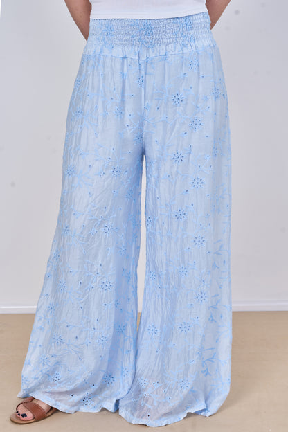 EMBROIDERED TENCEL COTTON BLEND HIGH WAIST WIDE LEG TROUSER
