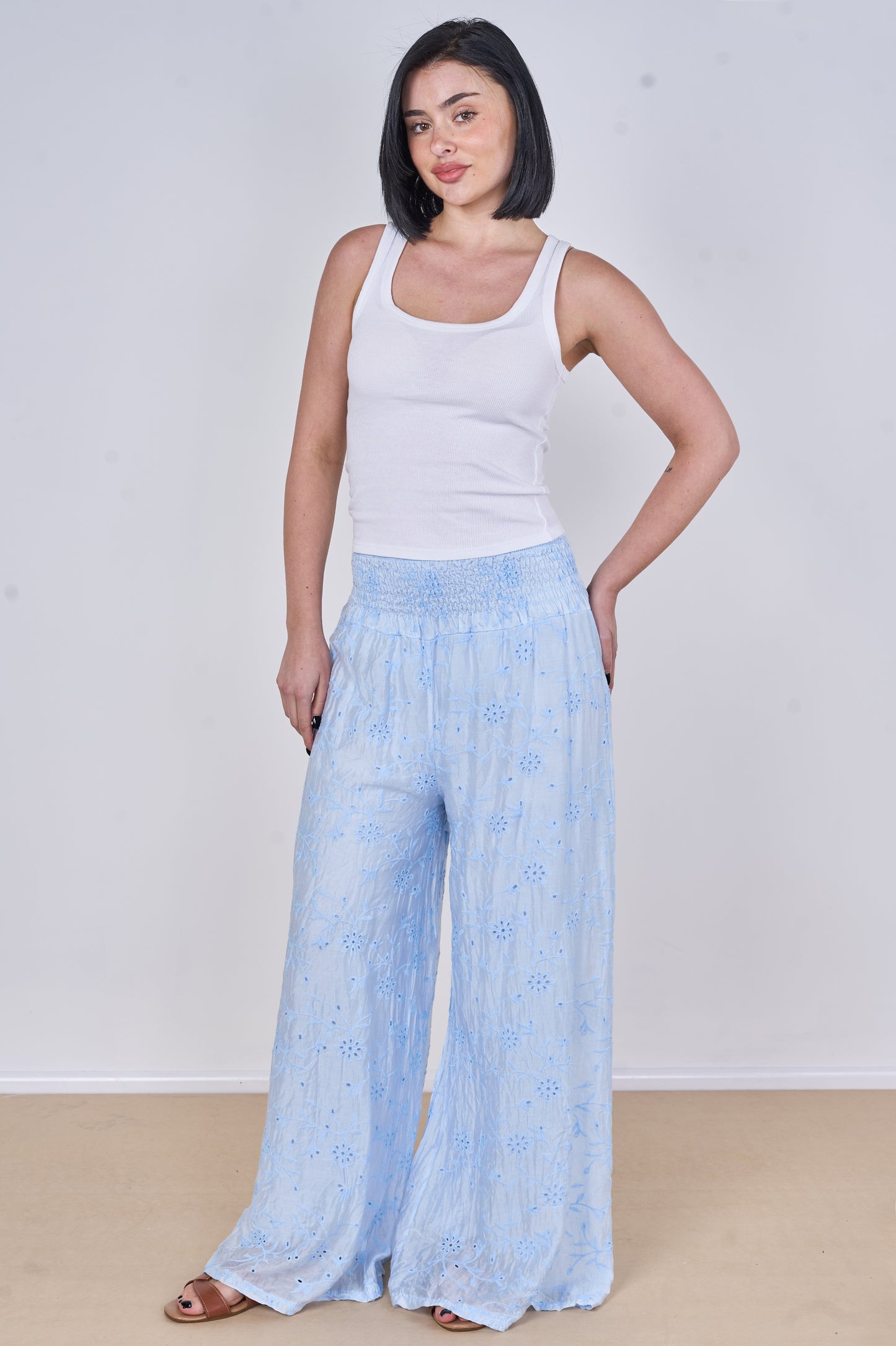 EMBROIDERED TENCEL COTTON BLEND HIGH WAIST WIDE LEG TROUSER