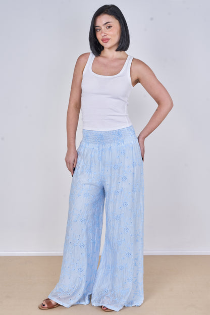 EMBROIDERED TENCEL COTTON BLEND HIGH WAIST WIDE LEG TROUSER