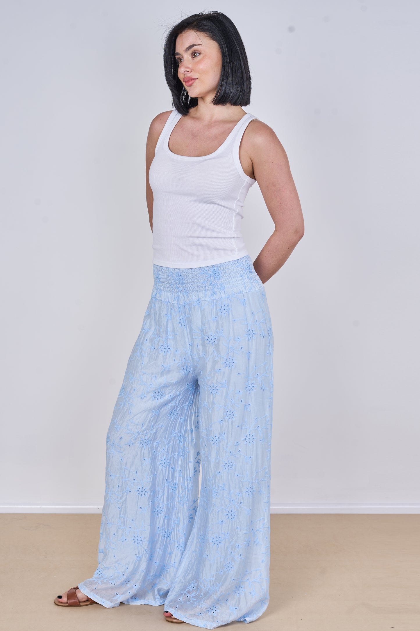 EMBROIDERED TENCEL COTTON BLEND HIGH WAIST WIDE LEG TROUSER