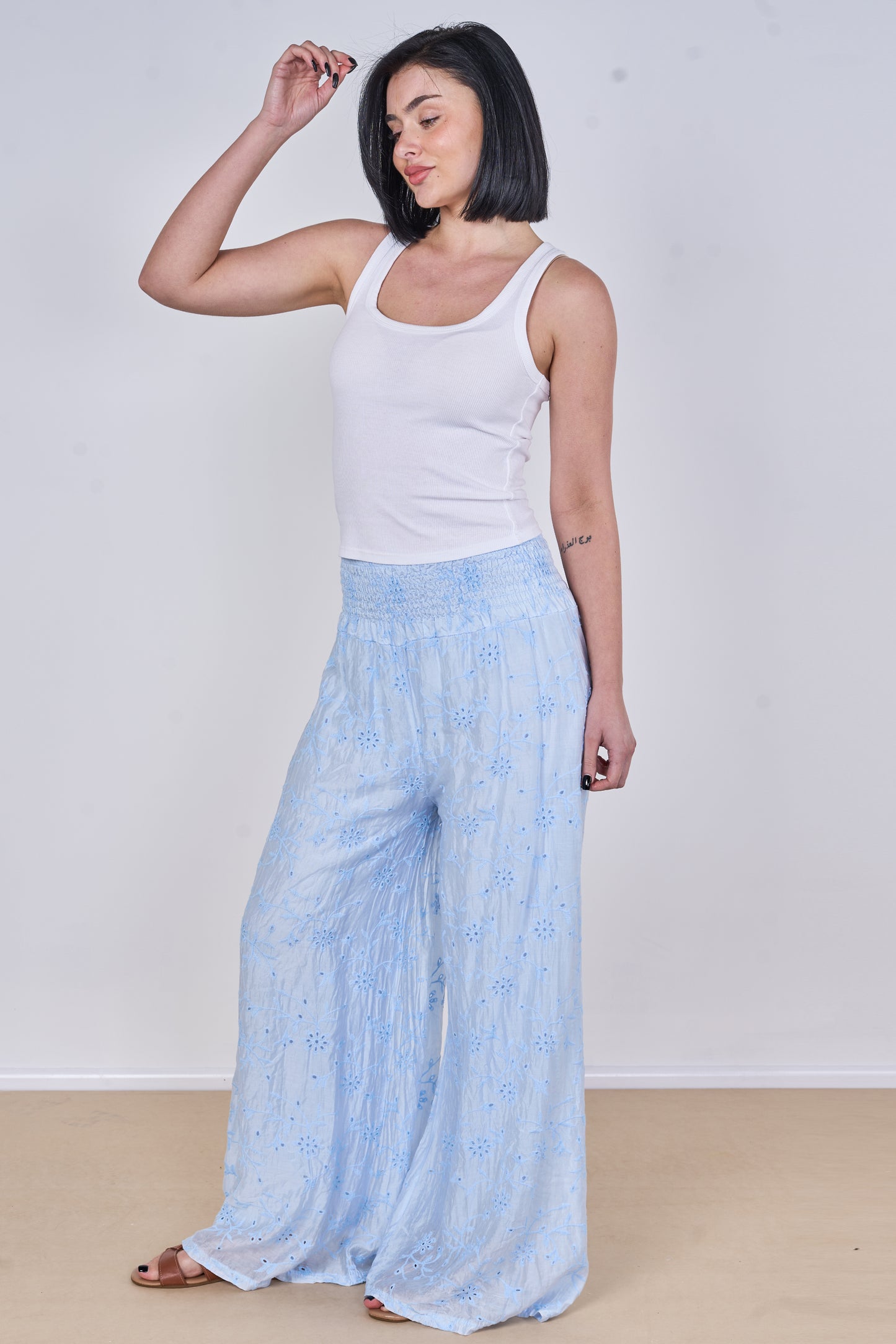 EMBROIDERED TENCEL COTTON BLEND HIGH WAIST WIDE LEG TROUSER
